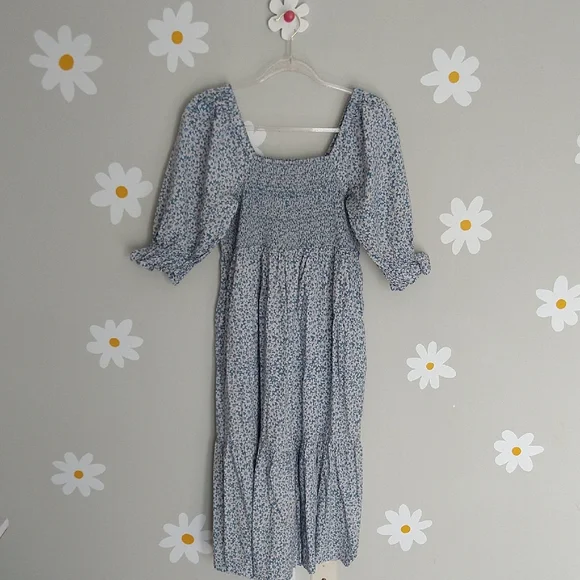 Madewell Lucie Elbow-Sleeve Smocked Midi Dress In Sunflower Field Ocean Blue - Picture 2 of 15